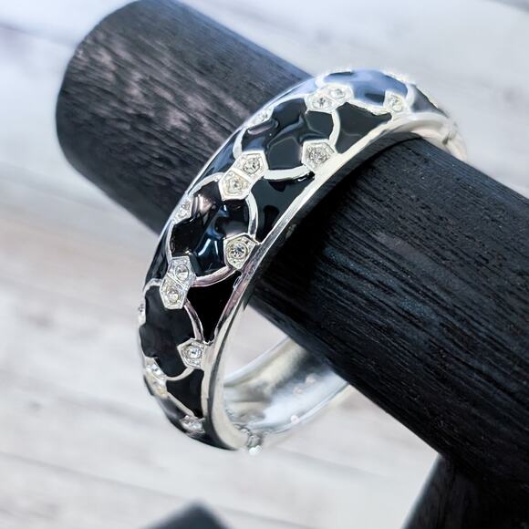 Vintage Hinged Bracelet Black & Silver Tone with Clear Gems - Picture 1 of 7